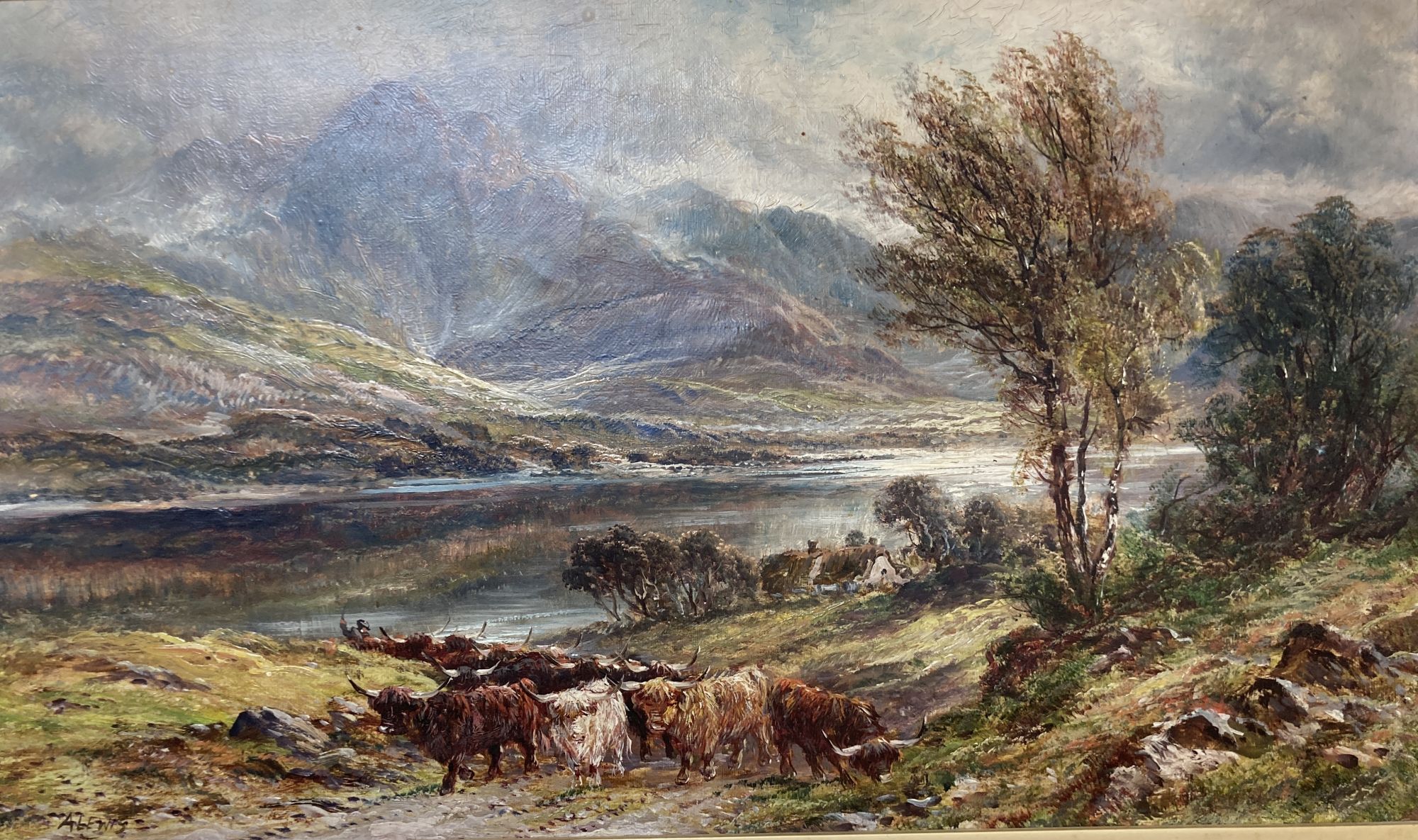 A. Lewis, oil on canvas, Highland cattle beside a loch, signed, 29 x 50cm